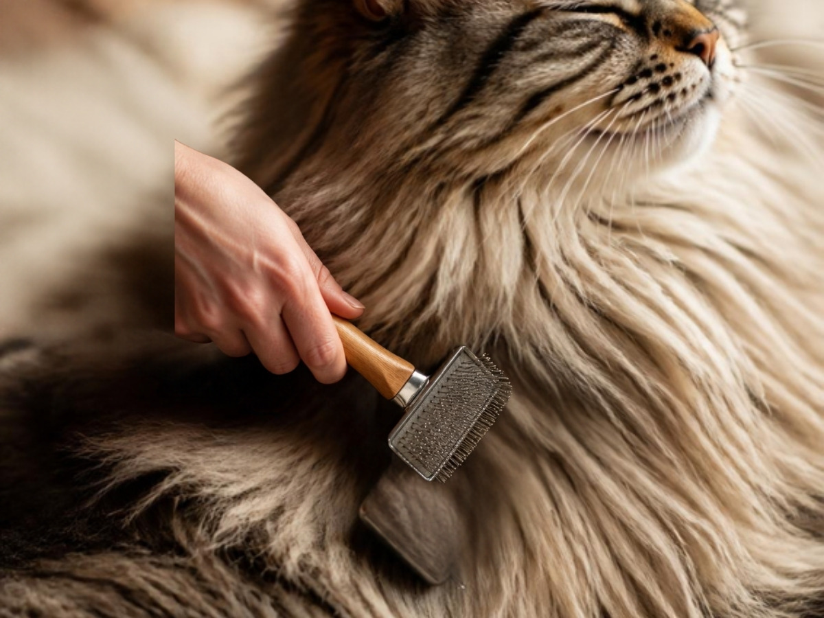 Brushing a Siberian cat's thick coat with a slicker brush